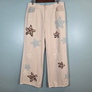 POL Womens Star Patch Wide Leg Jeans Cream Crochet Floral Lace Applique Size L